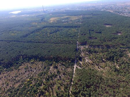 Deforestation. Ecology of Ukrane. The fate of the felled pine forest. Ukraine is increasing timber exports to the European Union after the 2014 coup. (drone image). Near Kiev, Ukraineの写真素材
