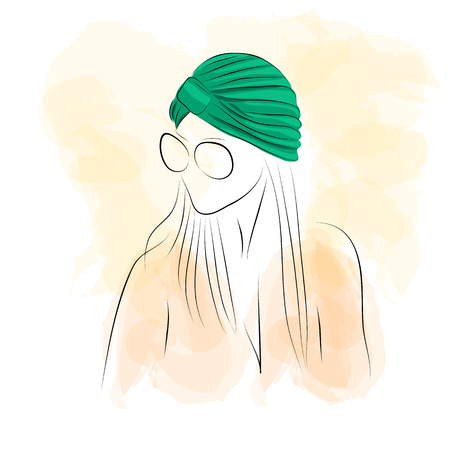 Vector illustration. Drawing.  Silhouette of a woman with glasses in green turban on watercolor backgroundのイラスト素材