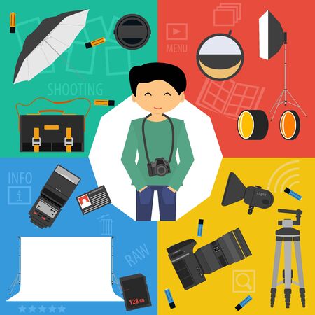 set icons photographic equipment. Photographer with camera and various professional elements on color backgroundのイラスト素材