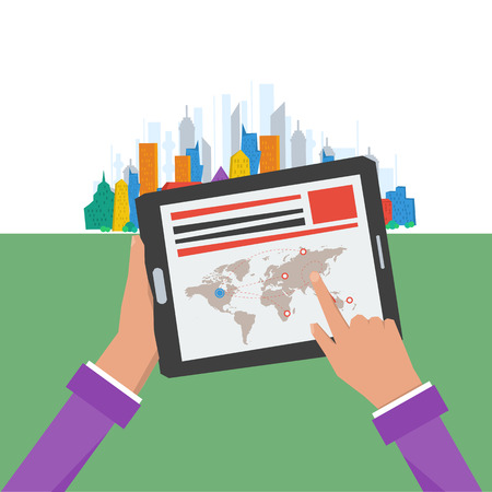 Logistics vector illustration concept. The tablet with the route on the map in hands of businessman with a vibrant city on the background. Flat style.のイラスト素材