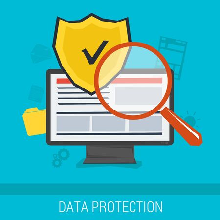 Vector concept data protection and safe work in internet. Shield on computer screen that protects users data and search magnifier over with different web elements around. Flat style. Web infographicsのイラスト素材