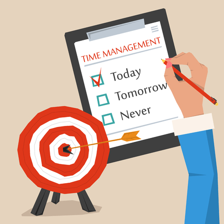 Vector concept of time management. Target goal with arrow in the center, hand making sign on to do list. Flat style. Web infographicsのイラスト素材