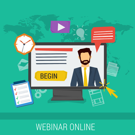 Vector concept online webinar, e-learning, professional lectures in internet, online education. Businessman on computer monitor with different web elements around. Flat style. Web infographicsのイラスト素材