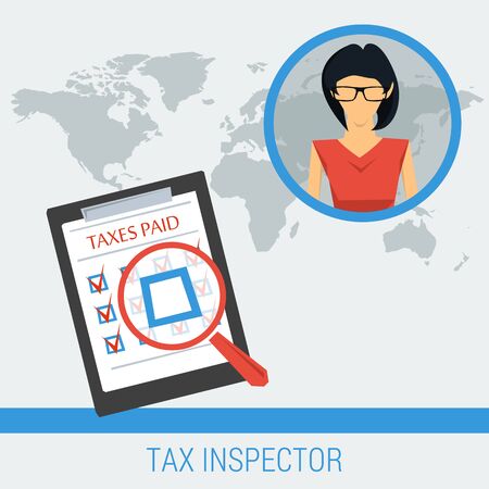 Vector concept work of tax inspector finding not paid taxes. Woman and list of taxes on globalworld map background. Flat style. Web infographicsのイラスト素材
