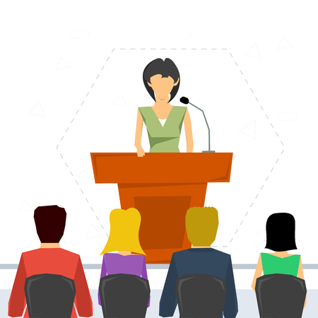 Vector concept public speaking and business conference. Woman orator speaking from tribune and listeners in auditorium on chairs. Flat style. Web infographicsのイラスト素材