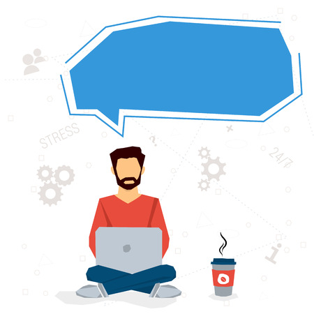 infographic concept workaholic. Man worker sits with computer and coffee - thoughts of resignation - dreams of freelancing - problems with time management. Workaholic is dangerous. Flat styleのイラスト素材