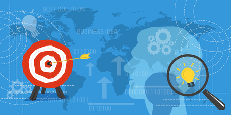 Vector business background. Concept improvement, search best solutions, idea business. Magnifier with lamp, target with arrow in center and abstract lines, head silhouette. Flat style. Web infographicのイラスト素材