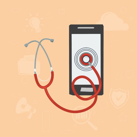 Vector concept mobile diagnostics and repair. Stethoscope on smartphone with web elements on background. Flat style. Web infographicsのイラスト素材