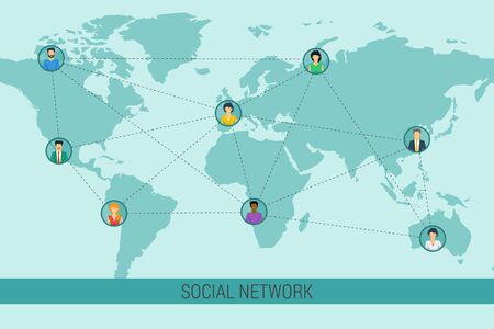Vector concept social network communication around the globe. Various men and woman on world map with connecting lines. Flat style. Web infographicsのイラスト素材
