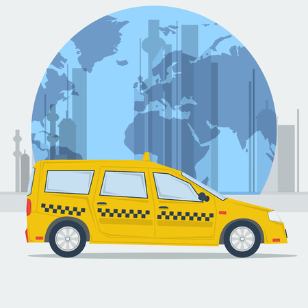 Vector illustration taxi car on town background. Taxi car. Eco taxi. Taxi in town. Best taxi. Flat styleのイラスト素材