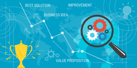 Vector business background. Concept improvement, value proposition, business idea, earnings growth. Magnifier and abstract lines and transparent elements. Flat style. Web infographicのイラスト素材