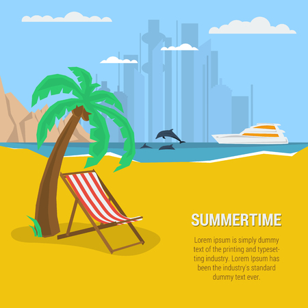Vector summertime square traveling concept. Deck chair under palm tree on beach. Yacht in the sea, dolphins, moutains. Text template. Flat style. Web infographicのイラスト素材