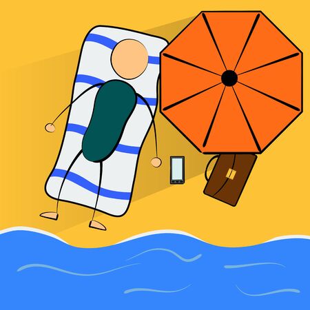 Cartoon businessman relaxes on the beach on vacation. Concept of success job. Relaxation. Summerのイラスト素材