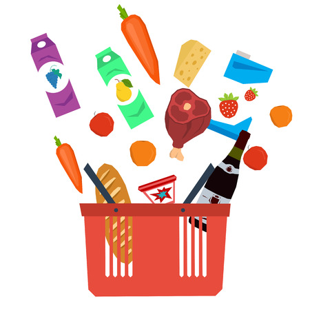 Vector set supermarket basket with food. Isolated food items falling in supermarket bag. Flat styleのイラスト素材