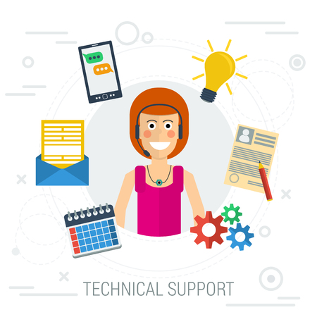 Vector concept of technical support or call center. Woman operator and customer service, e-mail, work. Flat style. Isolated on white background for your designのイラスト素材