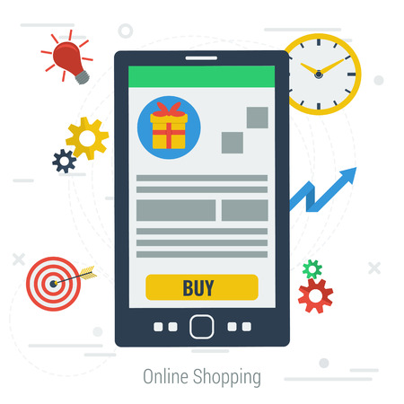 Vector concept mobile online shopping. Easy mobile online payroll operation. Smartphone with item and button buy clock target on white background. Flat style. Web infographicsのイラスト素材