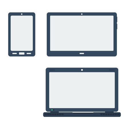 Vector illustration monochrome icons smartphone, tablet and laptop in flat style. Isolated on whiteのイラスト素材