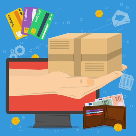 concept fast delivery service. Cargo transportation, parcel delivery. Money and credit cart. Hand from monitor computer with postbox. Flat style. Web infographicのイラスト素材