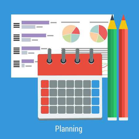 Vector flat business concept - planning work task, time mamagment. Monthly calendar, pencils and graph sheetのイラスト素材