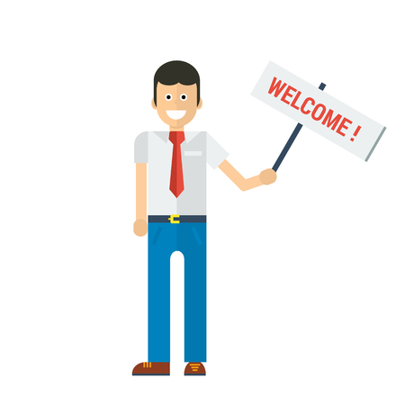 Vector businessman in red tie holding welcome sign in hand. Isolated on white in simple flat styleのイラスト素材