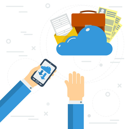 Vector concept easy access to online cloude storage. Two hands with smartphone download data from internet resources. Flat style. Web infographicsのイラスト素材