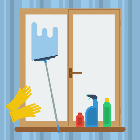 Vector square banner concept cleaning windows. Mop, gloves and cleaning items near the dirty window in flat styleのイラスト素材