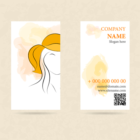 Vector template vertical two sides business card with woman in orange summer hatのイラスト素材