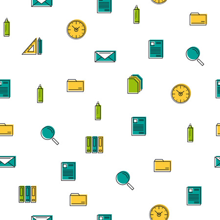 Vector seamless technical pattern with scattered office thin line icons on white square backgroundのイラスト素材