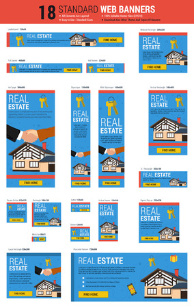 template of eighteen web standard size banners. Real state agency concept. All the most common size, each banner layered. Easily editableのイラスト素材