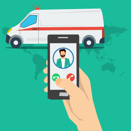 concept emergency call. Smartphone in hand with doctor and ambulance car behind. Square web banner in flat styleのイラスト素材
