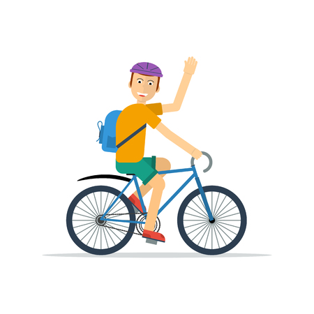 character of happy man on bicycle isolated on white. Concept recreation and wellness in flat styleのイラスト素材
