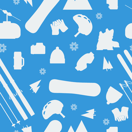 monochrome seamless pattern with equipment for winter recreation and sport on white backgroundor. Snowboard and ski with lift mountain and nature elements in flat styleのイラスト素材
