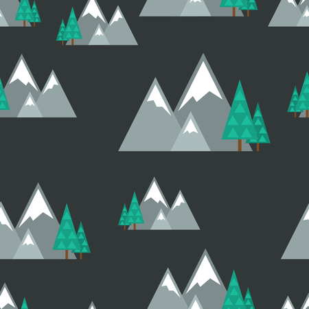 seamless pattern with winter nature - mountains and trees on black backgroundのイラスト素材