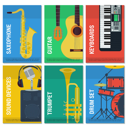 template six vertical with musical instruments with their names on colored cards. Saxophone and guitar. Keyboards and trumpet. Microphone with headphones and a drum set in flat styleのイラスト素材