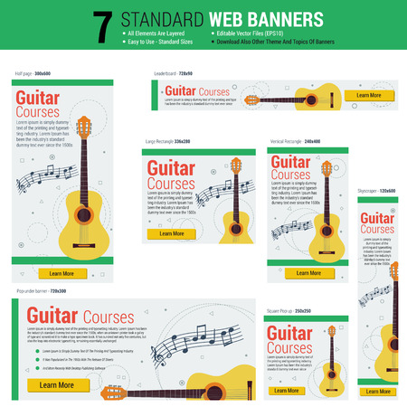 template of seven web standard size banners on theme guitar courses. Most common sizes of bannersのイラスト素材