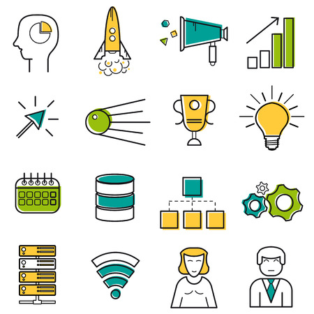 Sixteen colored thin line server service and startup icons. Use for web design. Success rocket, online data storage hands, target and online storage cloud isolated on whiteのイラスト素材