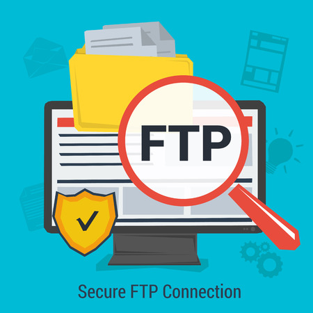 concept secure FTP connection for data protection and safe work in internet. Magnifier, antivirus shield and file folder on computer monitor. Square web banner in flat styleのイラスト素材