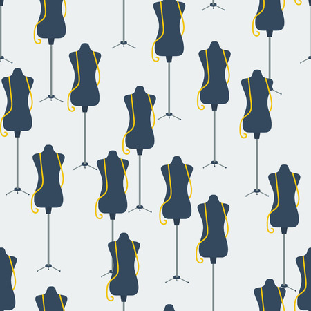 seamless pattern scattered black dummy with tailor measuring tape on top. Background for tailors and sewingのイラスト素材