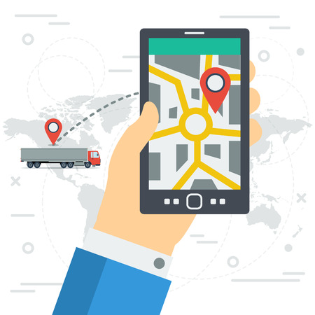 Vector concept of freight monitoring. Tracking of cargo during shipping on smartphone monitor in mans hand. World map with track and route on illustration in flat style. Web square bannerのイラスト素材