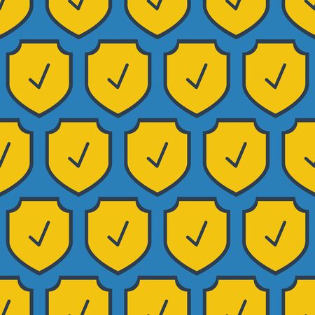 Vector seamless pattern with yellow security shields on blue background arranged in rows. Design for print and webのイラスト素材