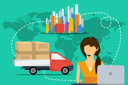 Vector concept quick delivery service. Girl manager with computer, truck sending and colored city with route on green background in flat styleのイラスト素材