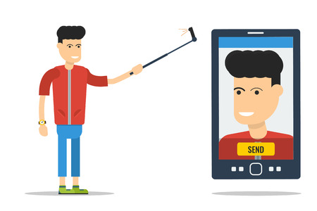 Vector flat character - guy with mobile camera makes selfieのイラスト素材