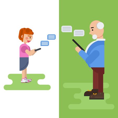 Vector flat character - grandfather and granddaughter communicate through social networkingのイラスト素材