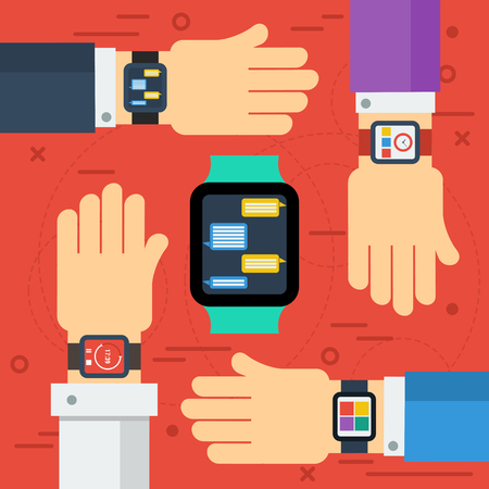 Vector concept ease of use of smart watches and advantages of the new devices. Four hands with clock on the wrist with different applications on monitors in flat styleのイラスト素材