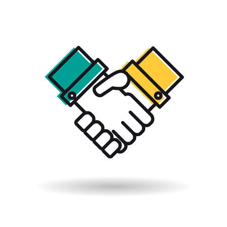 Vector concept of teamwork. Line icon friendly handshake with two colors, yellow and blue. Isolated on white illustrationのイラスト素材