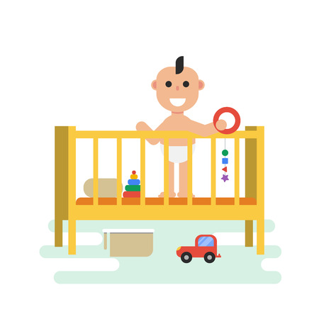 Vector flat baby in crib with toys. Isolated illustration.のイラスト素材