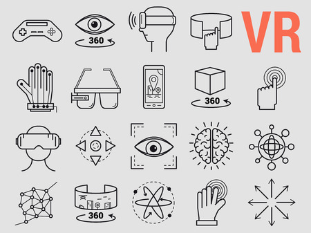 Vector set of thin line icons - virtual reality modern computer entertainmentのイラスト素材