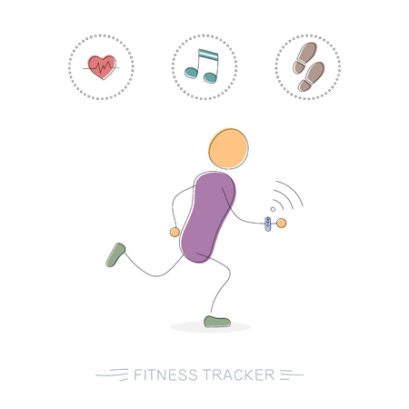 Hand drawing illustration of man running with a fitness tracker and its functions.のイラスト素材