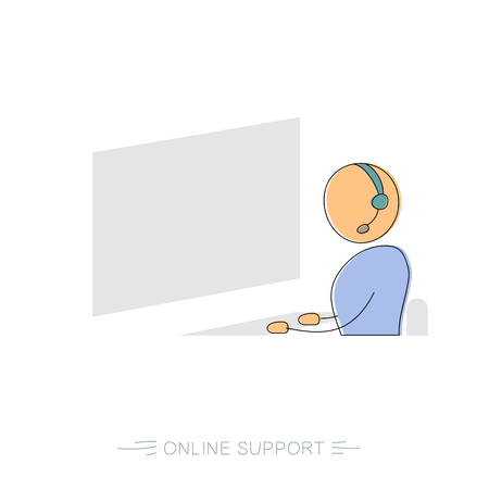 Hand drawing illustration of online operator with computer and headphones.のイラスト素材