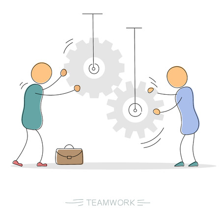 Hand drawing illustration of two working businessman with gear wheels.のイラスト素材